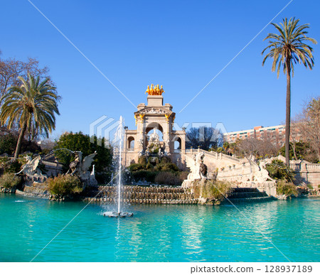 Barcelona ciudadela park lake fountain and quadriga 128937189