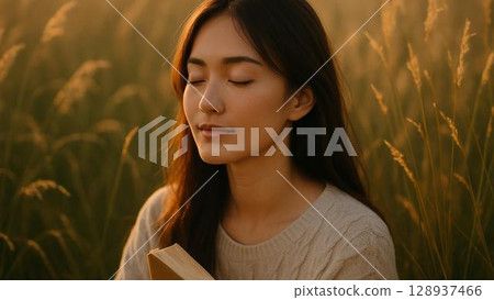Portrait of a woman in a meadow with her eyes closed and feeling the wind 128937466