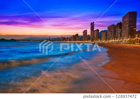 Benidorm skyline at sunset beach in Alicante Benidorm skyline at sunset beach in Alicante 128937472