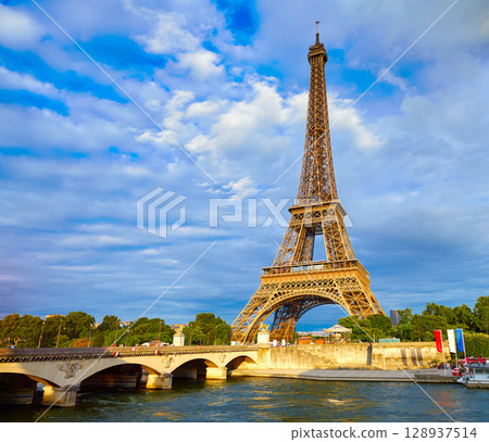 Eiffel tower at sunset Paris France 128937514