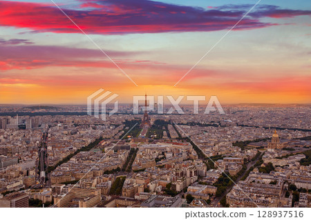 Eiffel Tower in Paris aerial sunset France Eiffel Tower in Paris aerial sunset France 128937516