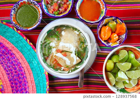 tortilla soup and mexican chili habanero sauces 128937568