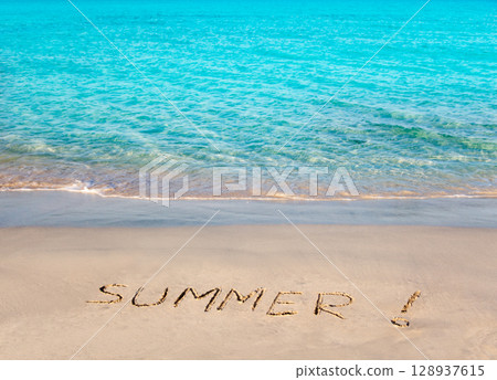Tropical beach with Summer word written in sand 128937615