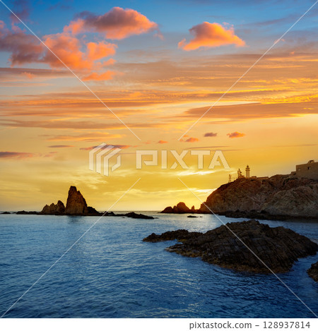 Almeria Cabo de Gata lighthouse sunset in Spain Almeria Cabo de Gata lighthouse sunset in Spain 128937814