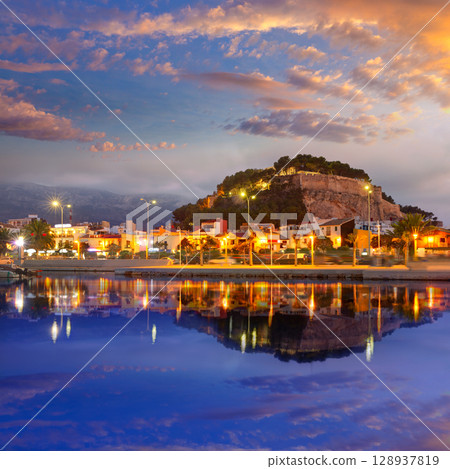 Denia port sunset in marina at Alicante Spain Denia port sunset in marina at Alicante Spain 128937819