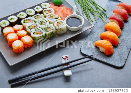 Sushi Maki and Niguiri soy sauce and wasabi 128937823