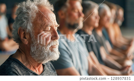 Elderly people group meditation sitting mindfulness inner peace serene calm spiritual yoga wellness peaceful self care community practice breathing balance stress relief session healthy mental state 128937831