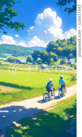 A smiling student couple on an anime-style bicycle trip in the countryside in summer. Blue sky, white clouds, greenery, straw hats A smiling student couple on an anime-style bicycle trip in the countryside in summer. Blue sky, white clouds, greenery, straw hats 128937893