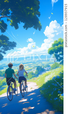 A smiling student couple on an anime-style bicycle trip in the countryside in summer. Blue sky, white clouds, greenery, straw hats A smiling student couple on an anime-style bicycle trip in the countryside in summer. Blue sky, white clouds, greenery, straw hats 128937915