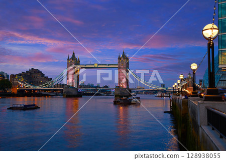 London Tower Bridge sunset on Thames river 128938055