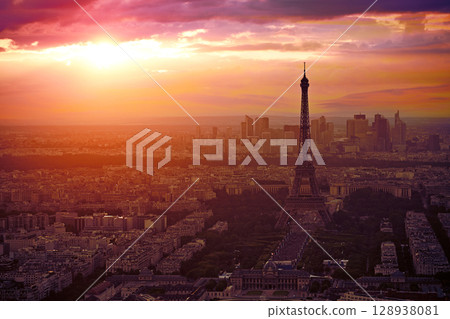 Eiffel Tower in Paris aerial sunset France Eiffel Tower in Paris aerial sunset France 128938081