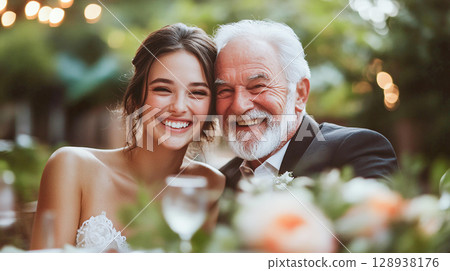 Joyful beautiful bride in white wedding dress and her father laughter happiness during lunch dinner table decorated by flowers greenery in celebration love bonding special event moment together 128938176