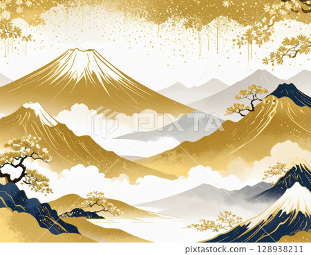 Beautiful Japanese-style background with mountains and trees floating in a golden sea of clouds 128938211