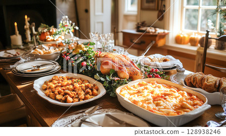 beautifully arranged Thanksgiving table set with variety of delicious foods, including roasted turkey, side dishes, and stunning floral centerpiece. warm atmosphere festival celebration seasonal 128938246