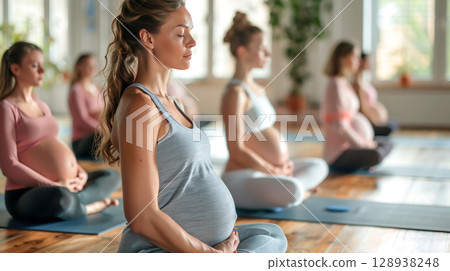Pregnant woman group yoga calm mindfulness relaxation meditation breathing exercise prenatal in fitness studio heathy balance maternity lifestyle stretching poses lifestyle support community body mats 128938248