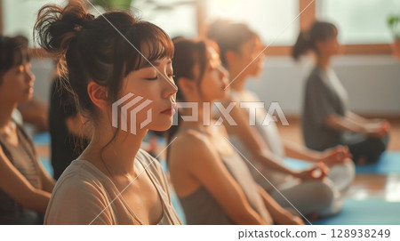 Focused Asian woman doing group meditation yoga practice mindfulness studio mat relaxation calm serene peaceful harmony peace balance, breathing exercise wellness healthy lifestyle stretching Focused Asian woman doing group meditation yoga practice mindfulness studio mat relaxation calm serene peaceful harmony peace balance, breathing exercise wellness healthy lifestyle stretching 128938249