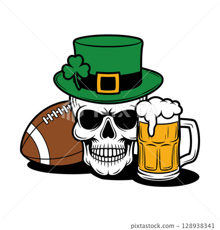 Skull Wearing Shamrock Hat with Football and Beer Mug Skull Wearing Shamrock Hat with Football and Beer Mug 128938341