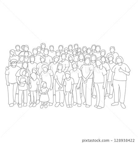 group of men and women standing together illustration vector hand drawn with black lines isolated on white background. 128938422