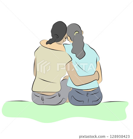 back view of woman hugging her friend illustration vector hand drawn with black lines isolated on white background. 128938423