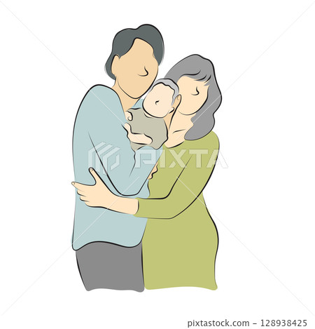 father and mother with newborn baby illustration vector hand drawn with black lines isolated on white background. 128938425