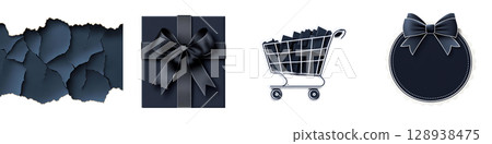 Peeling texture, gift box, shopping cart, and decorative label in dark tones create stylish and modern visual. Perfect for design projects or promotional materials 128938475