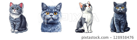 Cute and playful cat illustrations featuring various breeds and expressions. These charming designs showcase adorable features and vibrant colors, perfect for cat lovers 128938476