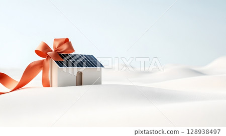 A small modern home with a solar panel on the roof sits surrounded by a snowy winter landscape wrapped in a festive red ribbon as a gift 128938497
