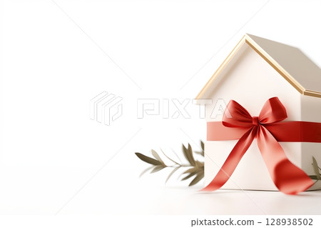 Cozy home shaped gift box with a red ribbon bow and a small natural branch creating a warm and celebratory atmosphere Cozy home shaped gift box with a red ribbon bow and a small natural branch creating a warm and celebratory atmosphere 128938502