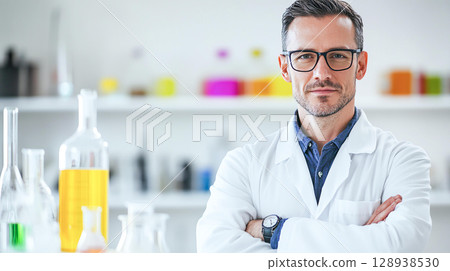 Scientist white coat white clear laboratory glassware experiment equipment chemistry biology medical technology innovation data analysis academic clinical modern clean workspace confident expression 128938530