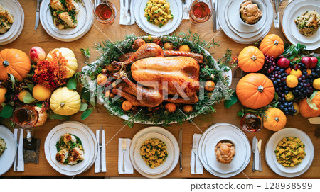 Beautifully Thanksgiving Christmas Happy New Year holiday seasonal celebration dinner table with roasted turkey pumpkins fruits delicious side dishes for family time gathering together good memories 128938599