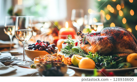 Beautifully Thanksgiving Christmas Happy New Year holiday seasonal celebration dinner table with roasted turkey pumpkins fruits delicious side dishes for family time gathering together good memories 128938600