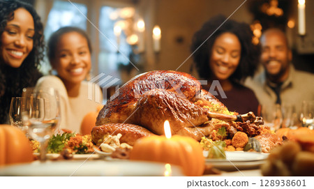 Beautifully Thanksgiving Christmas Happy New Year holiday seasonal celebration dinner table with roasted turkey pumpkins fruits delicious side dishes for family time gathering together good memories 128938601