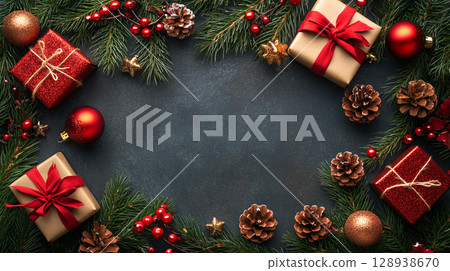 Flat lay background in festive holiday seasonal scene Christmas New Year with beautifully wrapped gifts pine branches red berries pine cones use for gift celebration card for surprise or as banner 128938670