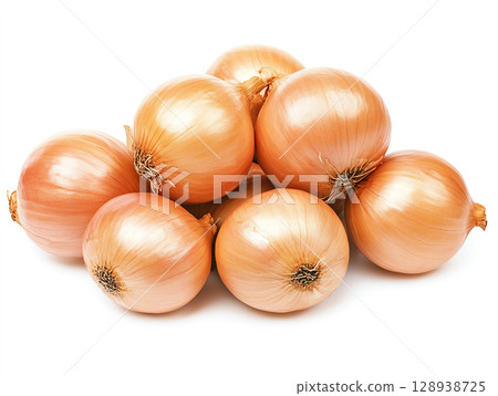 Fresh onions stacked together on white background, showcasing their smooth, shiny skin and natural color. These onions are perfect for cooking, adding flavor and depth to various dishes 128938725