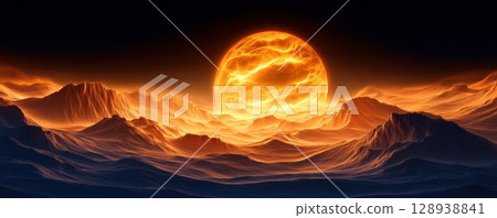 Dramatic landscape of a glowing canyon etched into the rocky terrain of a distant alien moon 128938841
