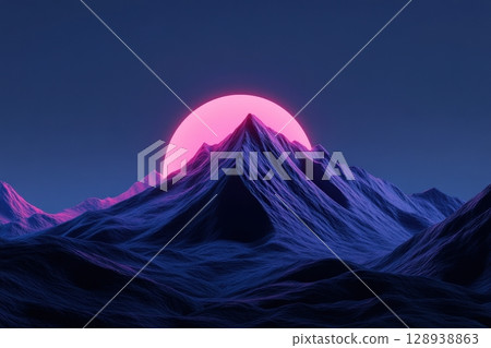 A majestic ethereal mountain range silhouetted against a starry night sky with a large glowing pink moon rising over the peaks creating a dreamlike and fantastical atmosphere 128938863