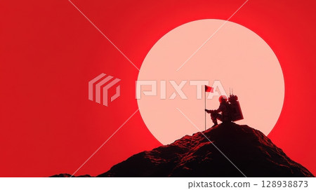 A team of astronauts planting a glowing flag on a distant rocky landscape silhouetted against a vibrant red sunset or sunrise in the sky 128938873
