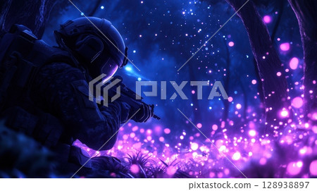Futuristic Soldier in a Mystical Forest with Glowing Purple and Blue Lights 128938897