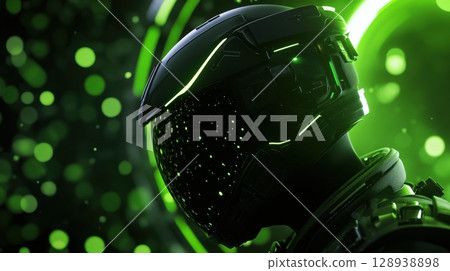 Futuristic Helmet with Green Glowing Lights and Reflective Visor in a Dark Environment 128938898