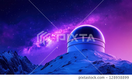 Majestic Observatory on a Snowy Mountain Under a Vibrant Purple Galaxy Sky 128938899