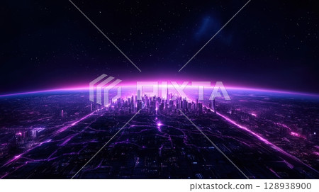 Futuristic Cityscape at Dawn: Purple and Pink Horizon with Glowing Skyscrapers 128938900