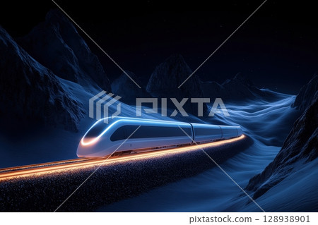 Futuristic High-Speed Train Traveling Through Dark Mountains with Glowing Light Trails 128938901