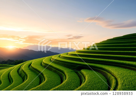 Stunning view of lush green terraced rice paddies nestled among rolling hills with a vibrant sunset sky in the background 128938933