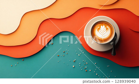 beautifully crafted latte art sits atop white cup, surrounded by vibrant, wavy paper in shades of orange and teal, creating warm and inviting atmosphere 128939040
