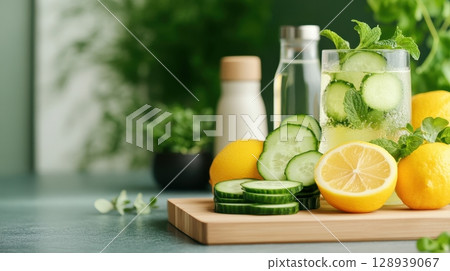a refreshing beverage, featuring a glass filled with liquid and round slices of a green vegetable, complemented by sprigs of fresh herbs a refreshing beverage, featuring a glass filled with liquid and round slices of a green vegetable, complemented by sprigs of fresh herbs 128939067