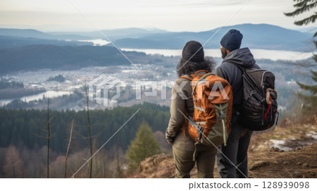 Couple tourists admire scenic mountain view surrounded by snow-covered trees Couple tourists admire scenic mountain view surrounded by snow-covered trees 128939098