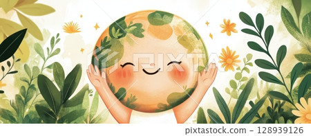 the artwork features a cartoonish face depicted on a spherical form that appears to be embraced by a pair of arms the artwork features a cartoonish face depicted on a spherical form that appears to be embraced by a pair of arms 128939126
