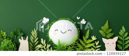 this scene shows a bright, round form with a smiling face surrounded by green flora and shapes 128939127