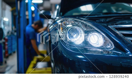 First-Person View of Headlight Alignment in Auto Service Bay 128939240