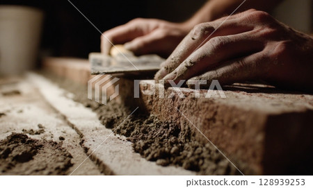 First-Person View of Bricklaying with Trowel and Mortar in Motion First-Person View of Bricklaying with Trowel and Mortar in Motion 128939253